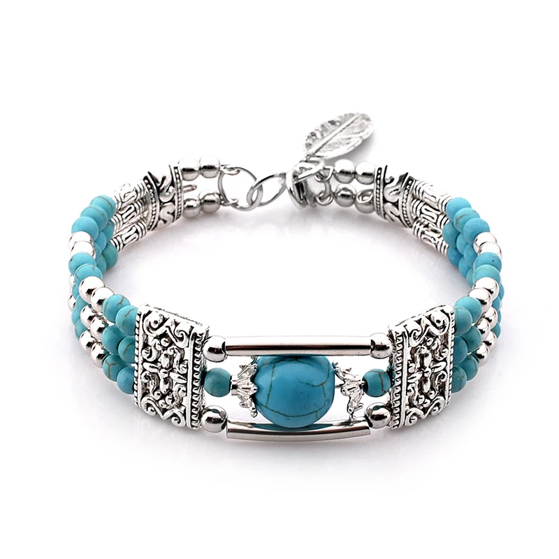 Женский винтажный богемный Браслет из натурального камня, ювелирное изделие ручной работы с синими круглыми бусинами, резные браслеты в стиле бохо, женские браслеты