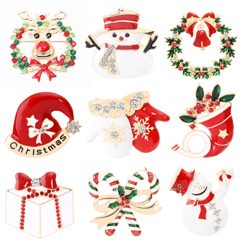 

Snowman Elk Gifts Box Gloves Penguin Santa Pins Brooches Enamel Cartoon Red Hat Merry Christmas Brooch Party Christmas Gifts