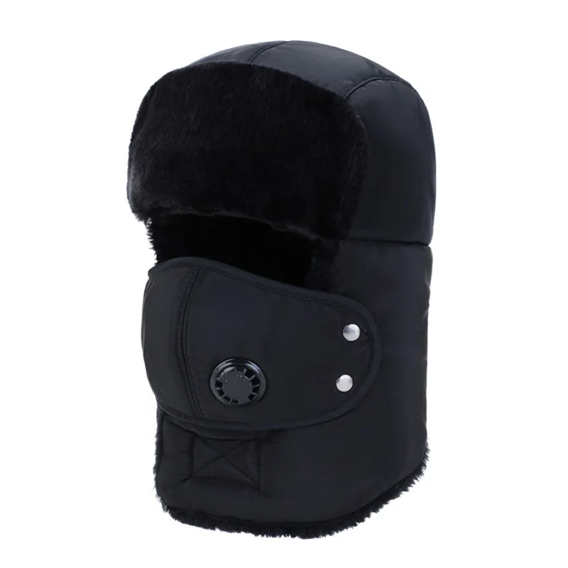 Черный Unisex Men Women Trapper Hat Earflap Snow Ski Hat Solid Color Camouflage Print Windproof Mask Caps Autumn Winter Warm Hat - Цвет: Черный