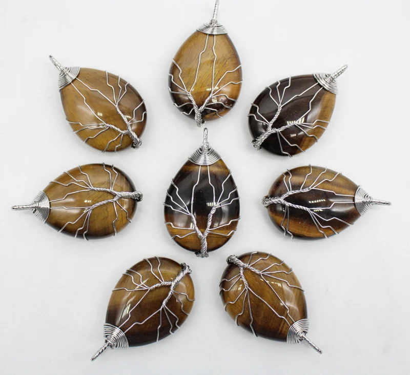 

6 шт./лот натуральный тигровый глаз камень Древо жизни провод обернутый капельки воды бусы кулон сделай сам для изготовления ожерелья Аксессуары