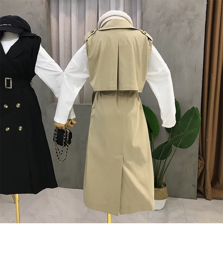 Windbreaker female long section early autumn popular new fashion sleeveless waist tie thin coat