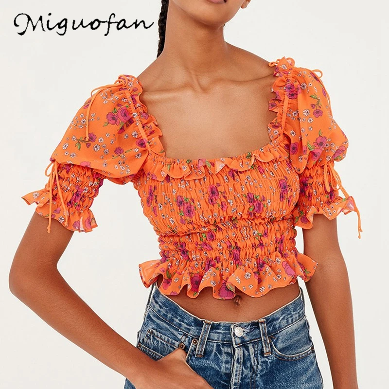 

Miguofan Women Short Chiffon Blouse Shirts Tops Square Collar Ruffles Short Sleeves Ladies Crop Tops Blouses Shirts 2019 Summer
