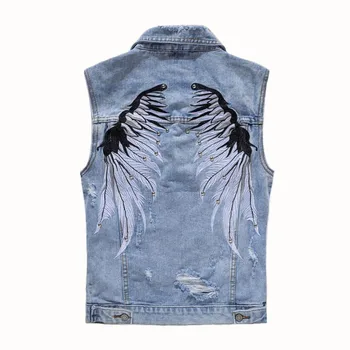 

Mcikkny Men Ripped Denim Vest With Rivet Fashion Wing Embroidered Waistcoats For Male Sleeves Jean Jackets Hip Hop
