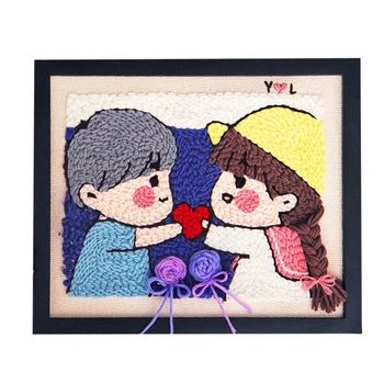 

DIY Knitting Wool Rug Hooking Kit Handcraft Woolen Embroidery Gift with 25 x 30cm Wooden Frame Poke Needle Photo Frame - Lovers