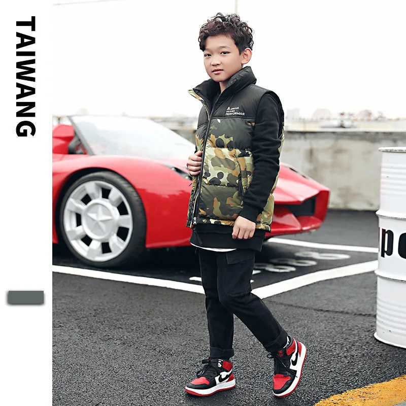 Childrenswear Camouflage Down Feather Cotton Vest Winter New Style Europe And America BOY'S Stand Collar Vest Big Boy Mixed Colo