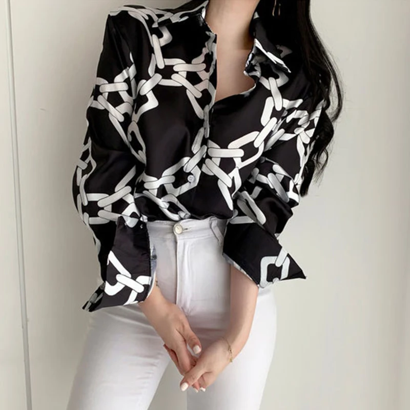 

Women Tops Top Time-limited Acetate Print Vadim Blusas Mujer De Moda 2019 Vintage Chain Printed Lapels Sleeve Thin Shirt Women