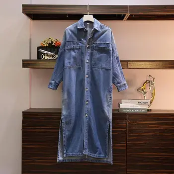 

2019 Spring and Autumn Large Size Women's Denim Shirt Jacket Fashion Long Cowboy Windbreaker Jacket Female Cardigan Robe f2480