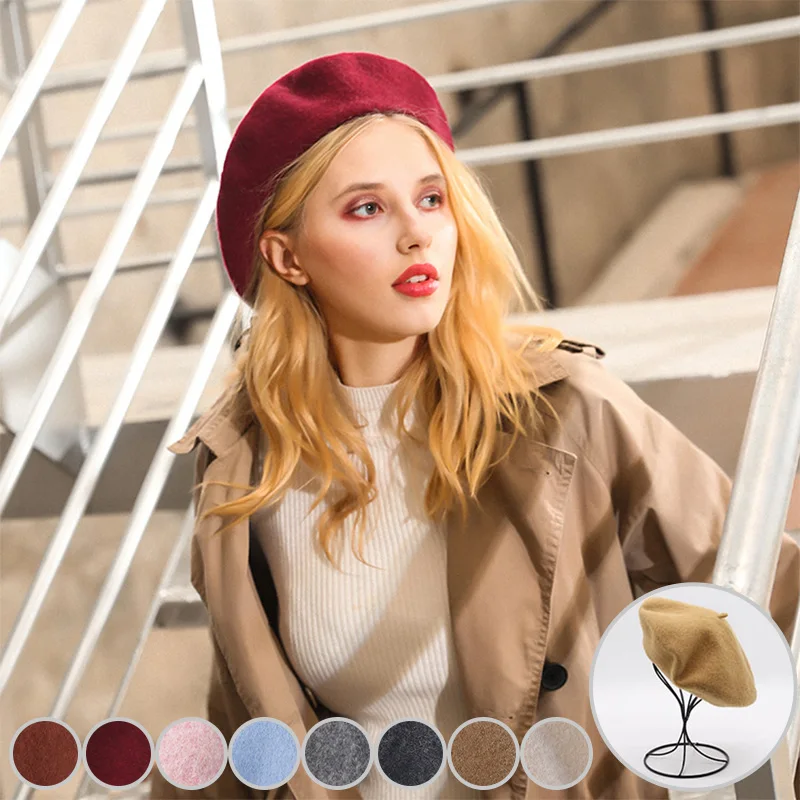 

Winter New Wool Beret Hat British Korean Candy Color Casual Painter Hat French Artist Elegant Lady Winter Caps Wholesale