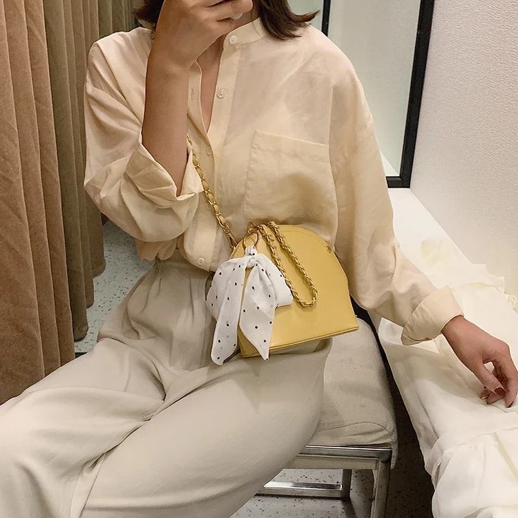 New Fashion Shell Bag With Silk Ribbon Chain Shoulder Bag Solid Color Handbags Women Small Crossbody Bags