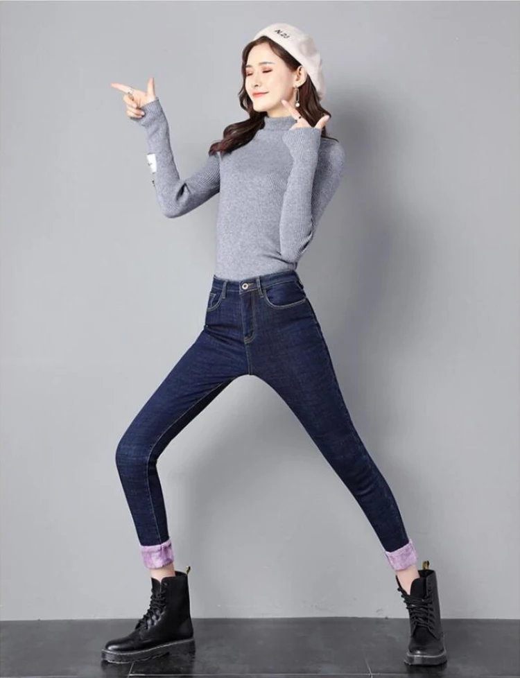 Брюки-карандаш с высокой талией, женские джинсы с флисовой подкладкой, облегающие зимние теплые брюки, женские бархатные теплые джинсы