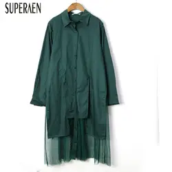SuperAen, Европейская мода, женские рубашки, свободные, размер плюс, новинка 2019, Осенние, одноцветные, длинные блузки, женские, сшитые, в сеточку
