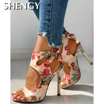 

2020 New Women summer Thin High Heels embroidered Peep Toe gladiator pumps office sandals party shoes