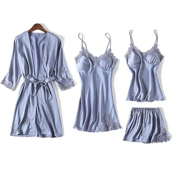 

Pajamas For Women Autumn Lace Thin 4 Pieces Lace Elegant Women Pajamas Set Female Sexy lingerie With Chest Pad Home Service