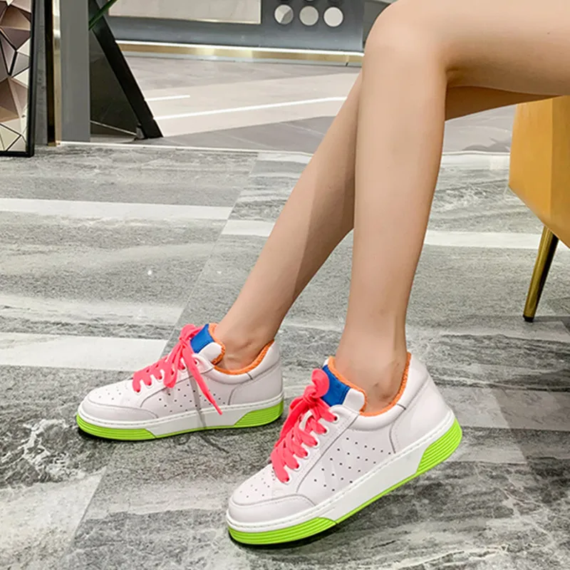 Sneakers piatte colorate da donna scarpe stringate firmate di marca  Sneakers in pelle con suola robusta punta tonda scarpe basse bianche scarpe  arcobaleno|Women's Flats| - AliExpress