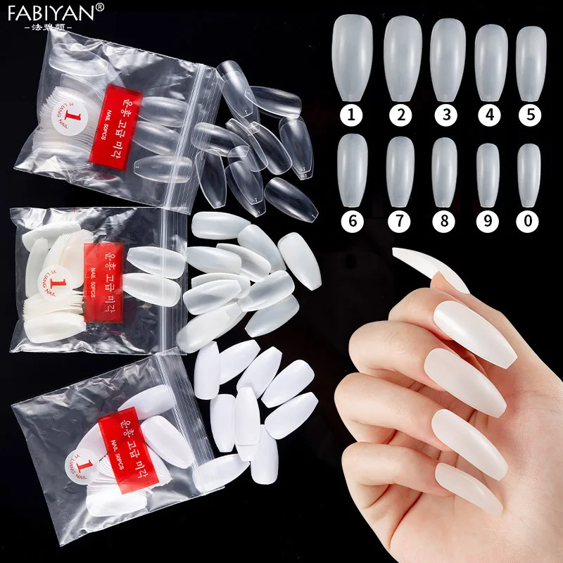 500Pcs Ballerina Nail Art Tips Full Cover Manicure False Coffin Shape Artificial Acrylic 10 Sizes Tool Clear/Natural/White | Красота и