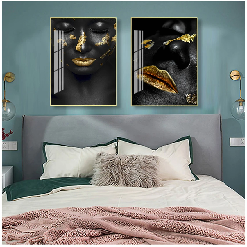 

Beautiful Golden Black Lady Golden Canvas Painting Fashion Poster Print for Living Room HD Wall Art Ins Home Cuadros Decoracion