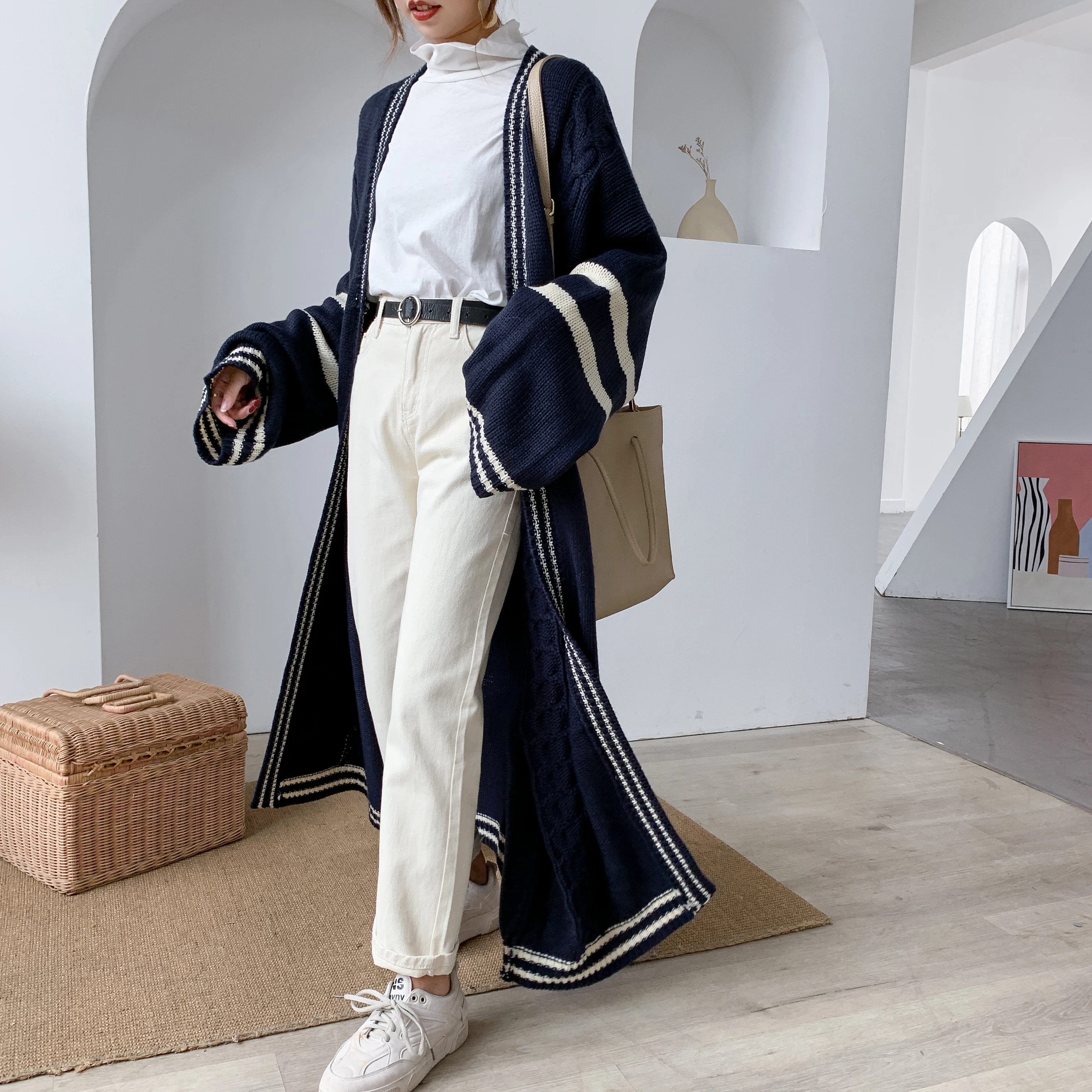 [ZAYAU] 여성용 한국 스트라이프 스웨터 코트, 루즈한 라지 사이즈, 레이지..