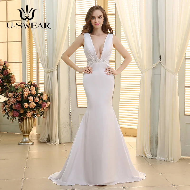 

Sexy Mermaid Wedding Dresses Deep V-neck Sleeveless Bridal Gown Mermaid Robe De Mariee High Quality Custom Made Wedding Gown