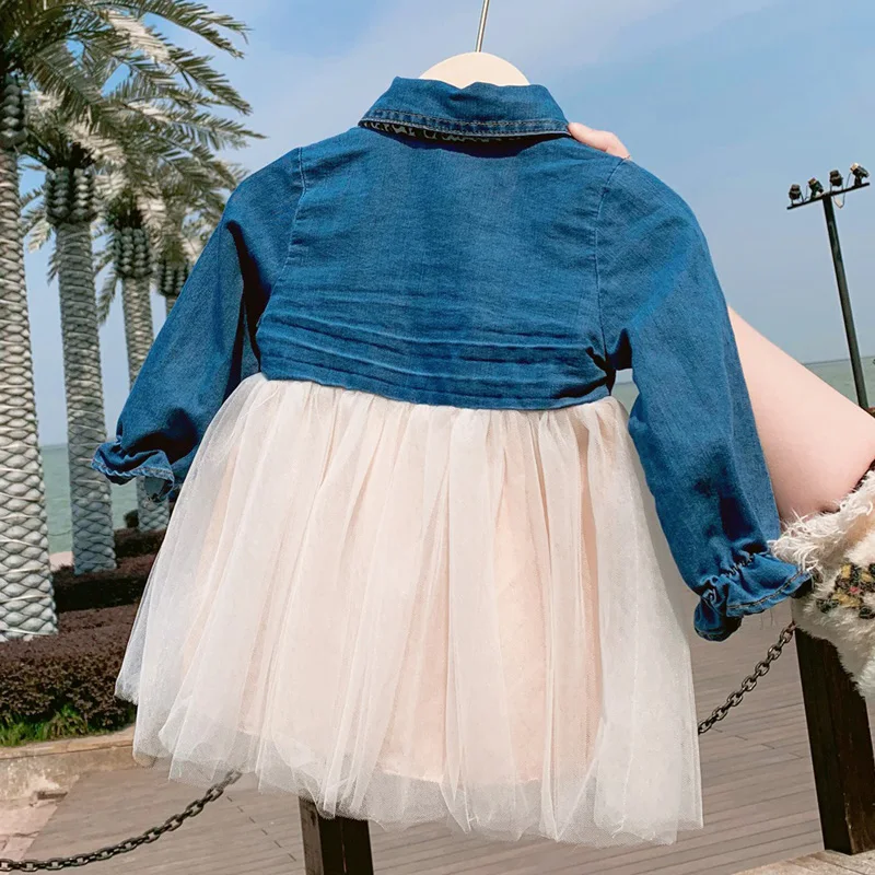 Humor Bear/осеннее платье для маленьких девочек джинсовые джинсы комбинированное кружевное леопардовое платье-пачка с длинными рукавами для детей праздничные платья принцессы для девочек