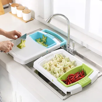 

3-in-1 Retractable Drain Basket Multifunction Non-slip Kitchen Chopping Block Cutting Board Storage Cutting Board#30