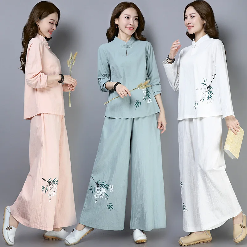 

2019 Autumn National Wind WOMEN'S Dress Retro Chinese Style Cotton Linen Tea Service Hand-Painted Meditation Clothing Leisure Su