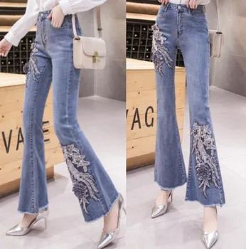 

Embroidery 3D embroidery flower jeans woman nail beaded sequin-edge fishtail denim flare pants Korean spring autumn