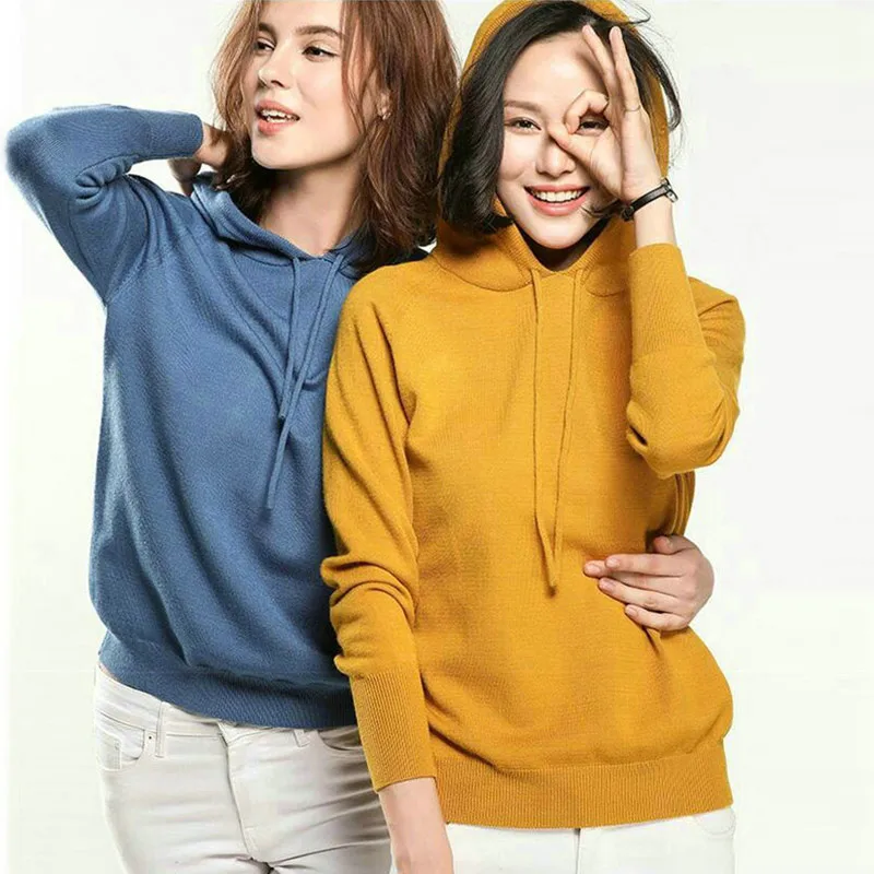 

Women's Casual Hooded Knitted Sweater Jumper Autumn Solid Knitting Sweaters Pullover Female 2019 Fashion Korean Soft Pullovers