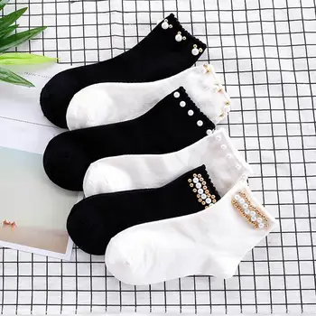 

Women Short Socks Dual Color Faux Pearl Beading Breathable Women's Elastic Short Socks Women Cotton Socks