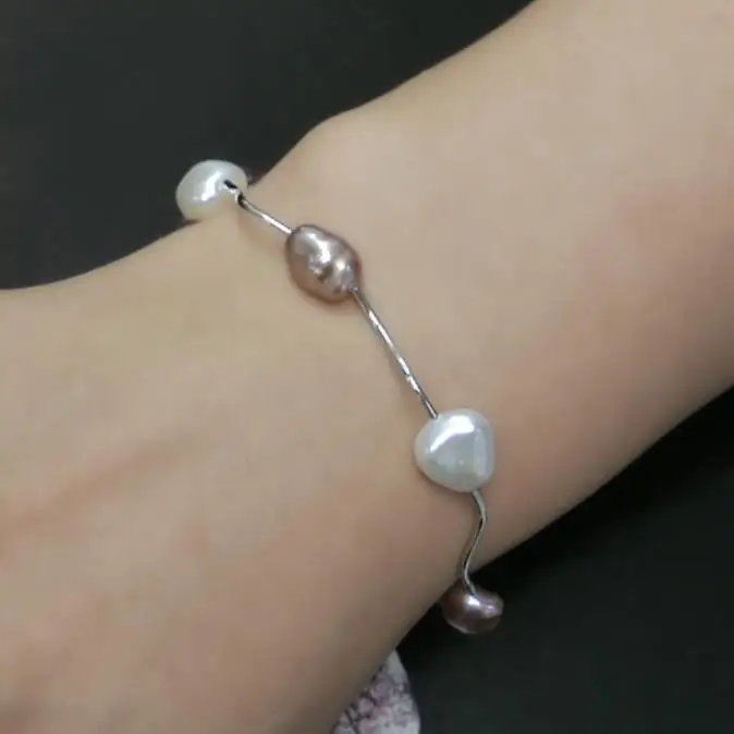 Baroque White Purple Natural Freshwater Keshi Pearl Bracelet 925 Sterling Silver