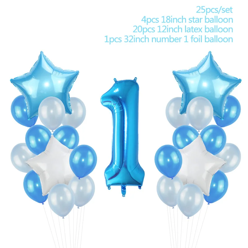 Вечерние воздушные шары для первого дня рождения для мальчиков, набор из фольги с цифрами, воздушные шары, баннеры для первого ребенка, вечерние украшения для детей 1 год - Цвет: 25pcs set