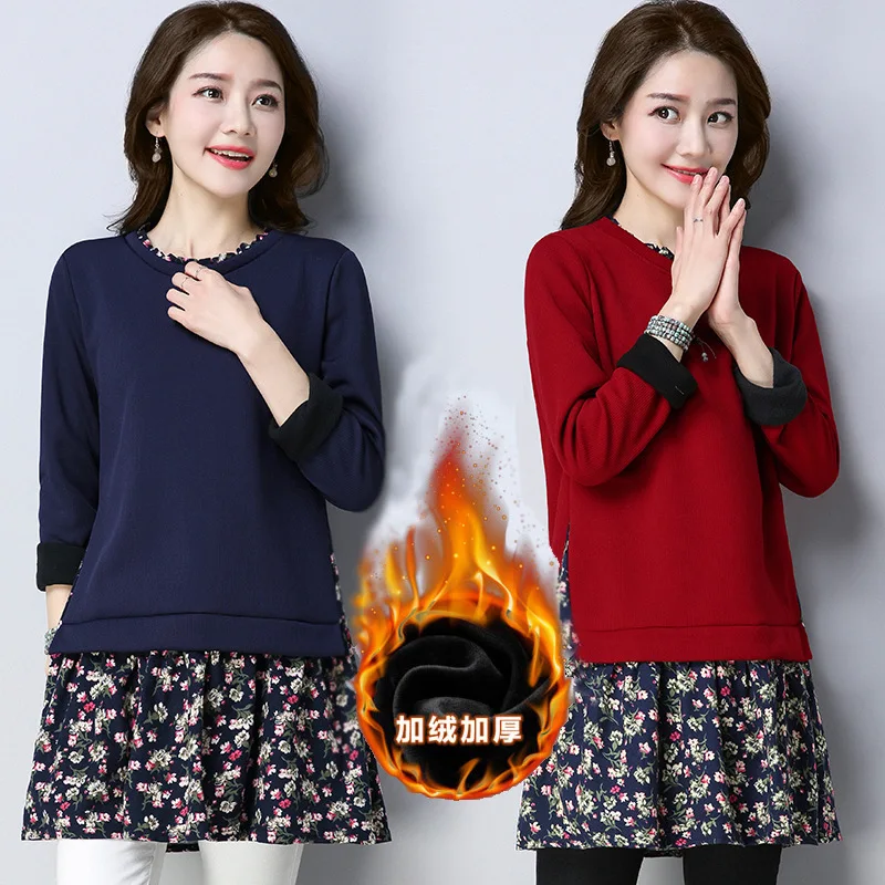 

2019 Fat Mm Autumn And Winter New Style Ethnic-Style Large Size Dress Brushed And Thick Base Shirt Mock Two-Piece Dress Women's