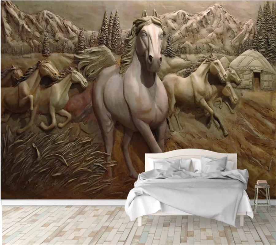 

Custom wallpaper covered 3D relief embossed horse to success eight horses background wall painting papel de parede 3d фотообои