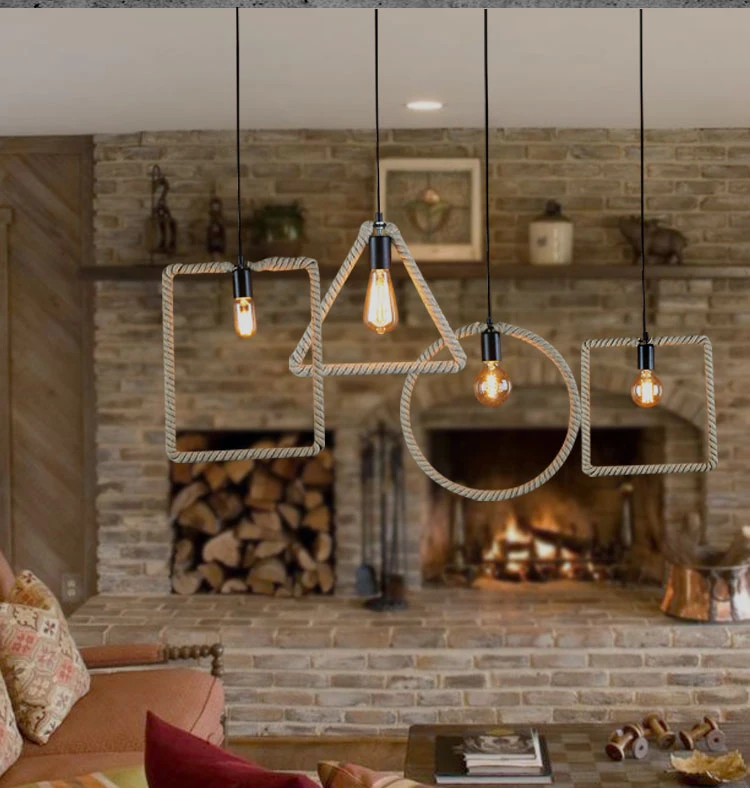 Description Picture 6 of itemRetro Industrial Hemp Rope Chandelier Bar Restaurant Loft Restaurant Cafe Iron Geometry Living Room Decor Chandeliers
