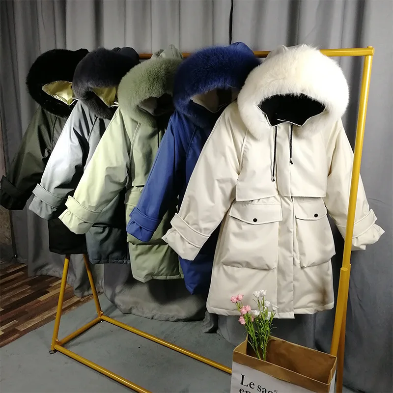 Dongdaemun X 2, пуховик, женский, средней длины,, стиль, спецодежда, приталенная, с воротником из лисьего меха, плотное зимнее пальто