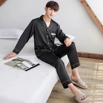

Men Pajamas Spring and Autumn Long Sleeve as Real Silk Men's Summer Viscose Thin Tracksuit Piece Set