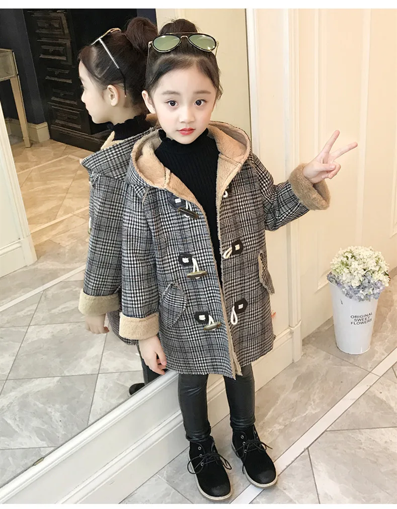 

New winter England style Artificial fur with skin classic grid warm hooded jacket outwear with horn buckle for teenage girls