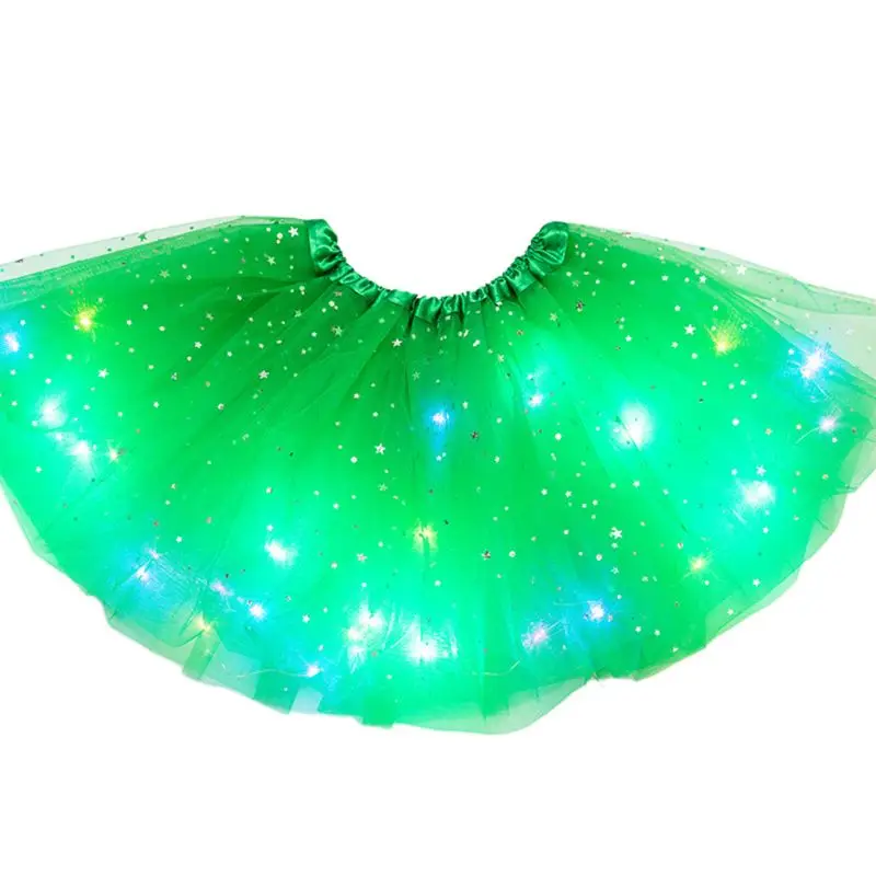 Детский светодиодный светильник для девочек, блестящая юбка-пачка из тюля с блестками и звездами для балета, От 3 до 12 лет, P31B - Цвет: Grass Green