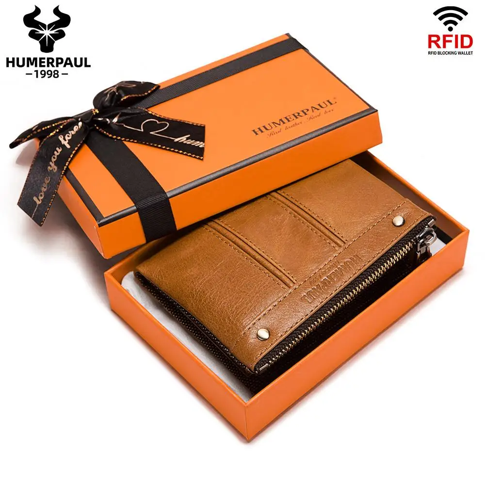 HUMERPAUL Men's Wallet New RFID Anti-Magnetic Wallet Real Cowhide Men's Multi-Function Double Zipper Coin Purse