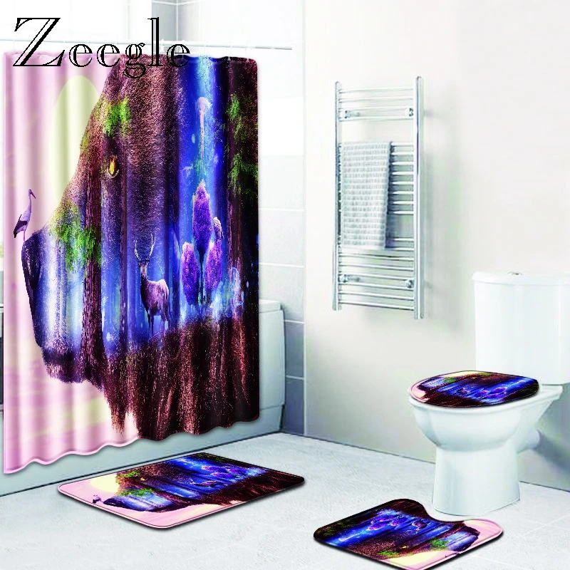 Zeegle 4Pcs Anti Slip Bathroom Rug Set Bathroom Mat Set with Shower Curtain Pedestal Rug Lid Toilet Cover Absorption Bath Mat