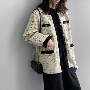 

HLHPYHB Women Tweed Coat Female Stripes Plaid Jacket Retro Metal Button Jacke Coat Color Blocking Korean Autumn Outwear Tops