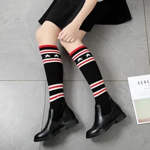 Г. Новые эластичные вязаные сапоги женские высокие сапоги Сапоги выше колена с круглым носком в студенческом стиле