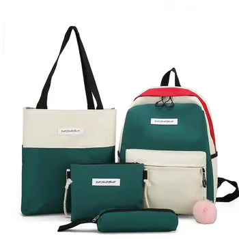 

4pcs Canvas Backpack Patchwork Daypacks School Shoulder Bags Bookbag Pencil Case Set for Student Teen Girls