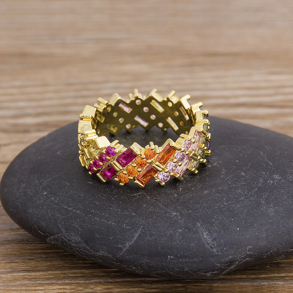 Geometric Luxury Boho Rainbow Copper Cubic Zirconia Ring For Women Charm Crystal Rings Fine Party Wedding Jewelry