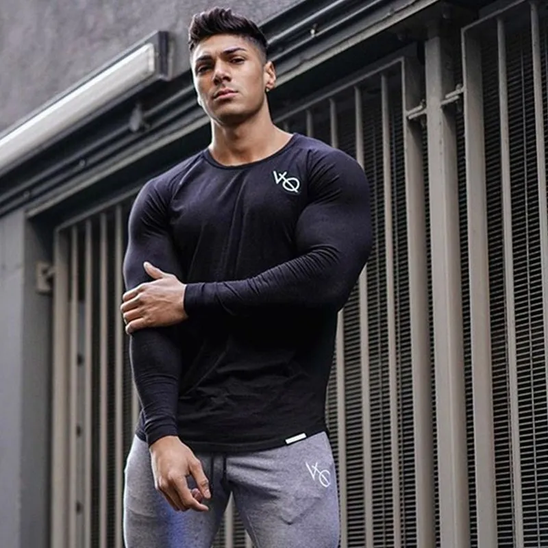 Модные новые мужские спортивные футболки с длинным рукавом, хлопковые топы для бодибилдинга и тренировок, одежда