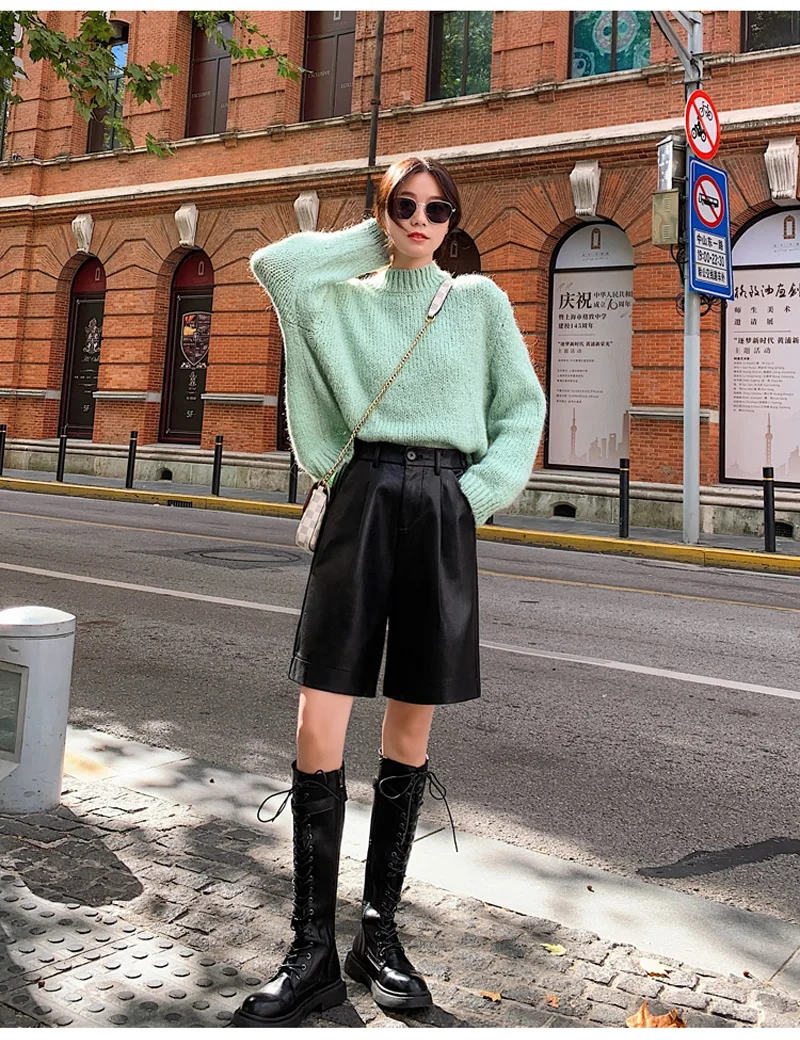 S-3XL Fashion PU Leather Shorts Women's Autumn Winter New Elastic Waist Loose Five Points Leather Trouser Plus Size Shorts