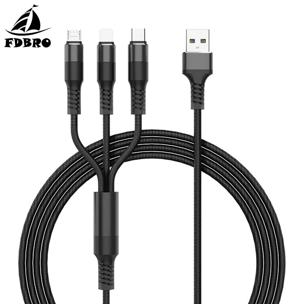 Черный FDBRO 3 в 1 кабель для быстрой зарядки телефона для iPhone XR 7 samsung huawei Xiaomi USB кабель 3A usb type C кабель Micro USB кабель - Цвет: Черный