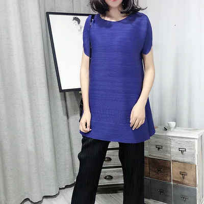 RoyalBlUE Весна Лето Новые плиссированные топы для женщин Свободные универсальные с коротким рукавом модные складные женские футболки с круглым вырезом Y494 - Цвет: RoyalBlUE