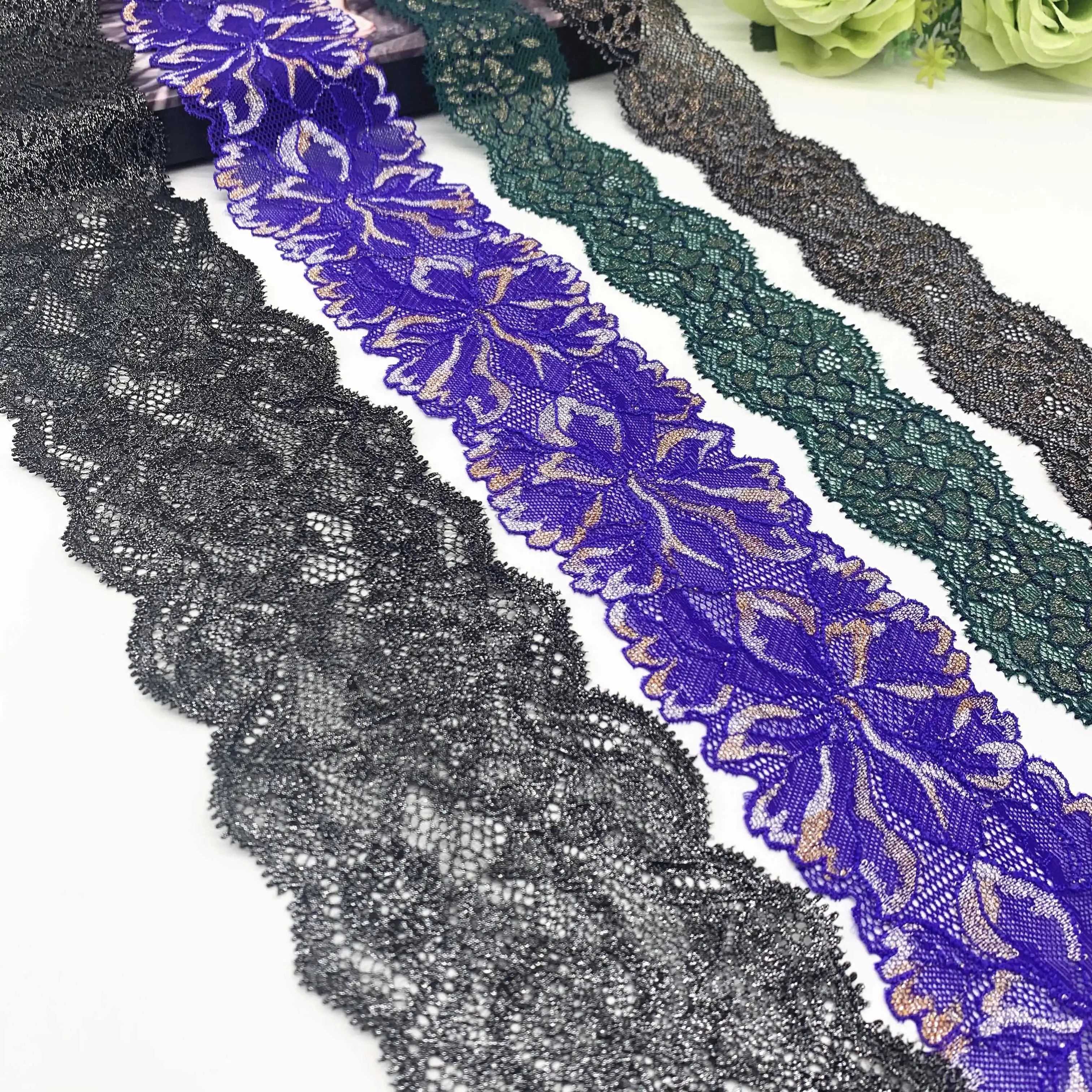 6y/lot Width 2-3 1/2 inch 4 Colors Glitter Stretch Lace Trim Foil 1