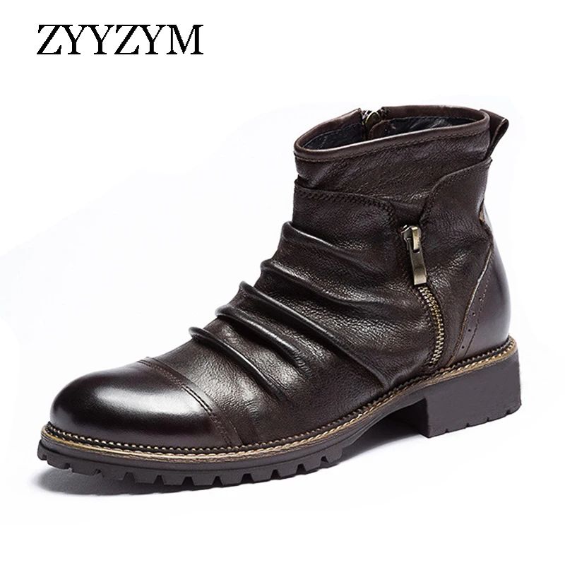 

ZYYZYM Men Chelsea Boots Leather Autumn Winter Vintage Style Cowboy Boots Man High Top Zipper Ankle Boots for Men Botas Hombre