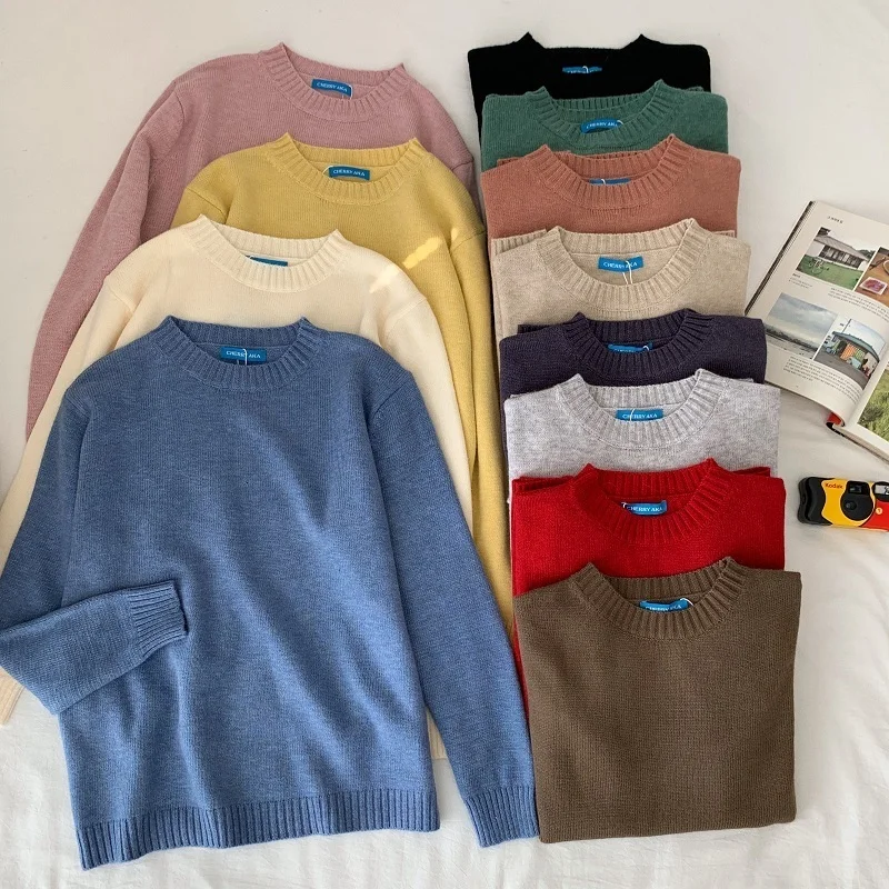 

Mooirue Autumn Winter Women Candy Sweater Round Neck Loose Basic Jumper Knitted Sweater